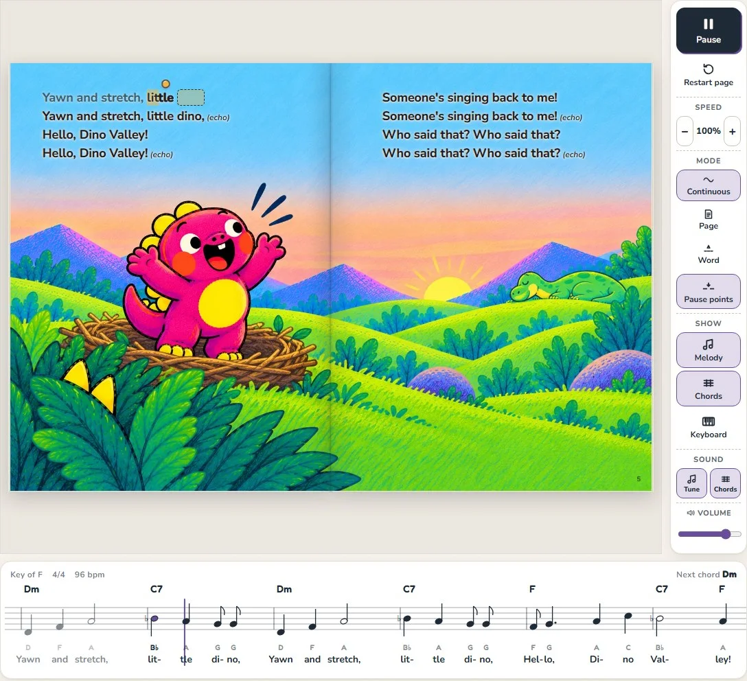 The LittleTune reader mid-song: the words of Hello, Dino Valley! lighting up on the page, with the melody, letter names and chords underneath and the sing-along controls at the side